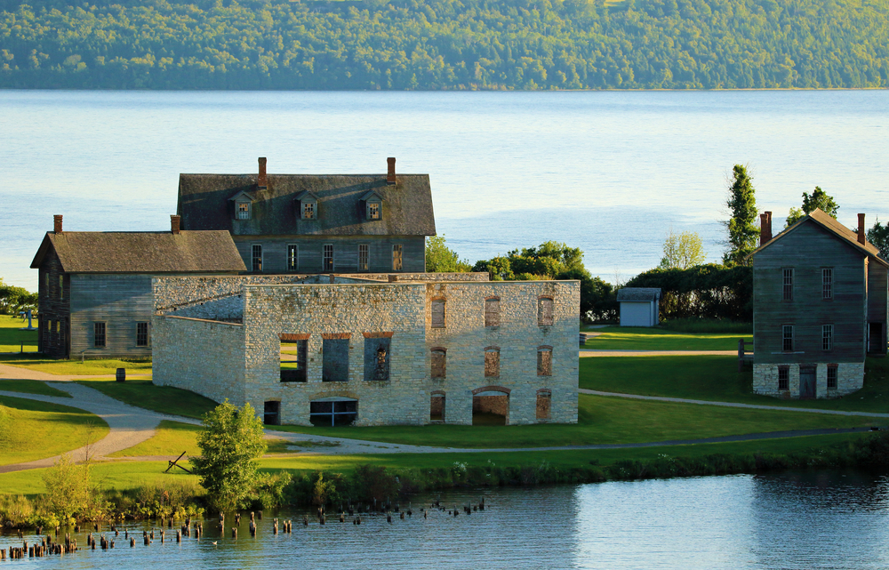 Some of the abandoned buildings at Fayette Historic State Park near the water.