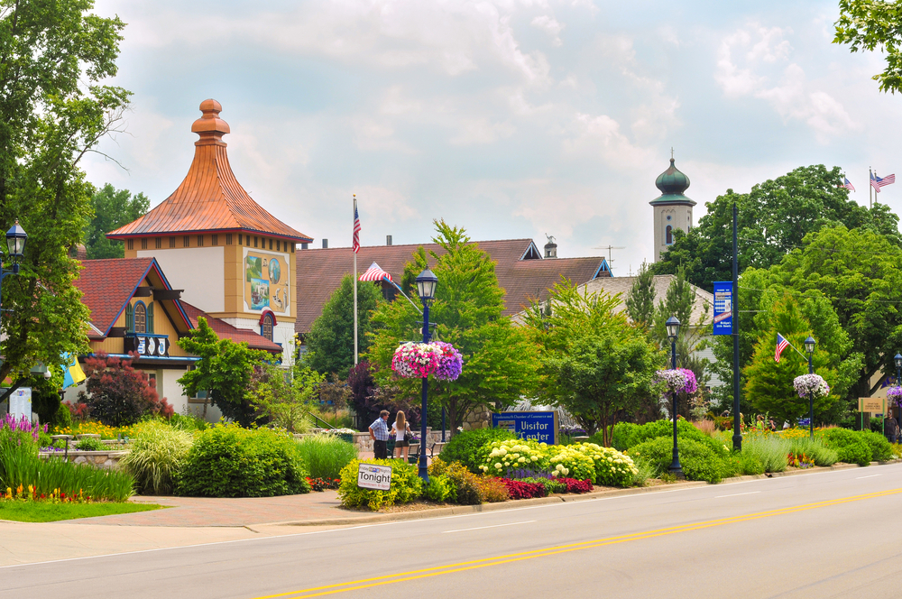 View of shops and gardens in Frankenmuth.