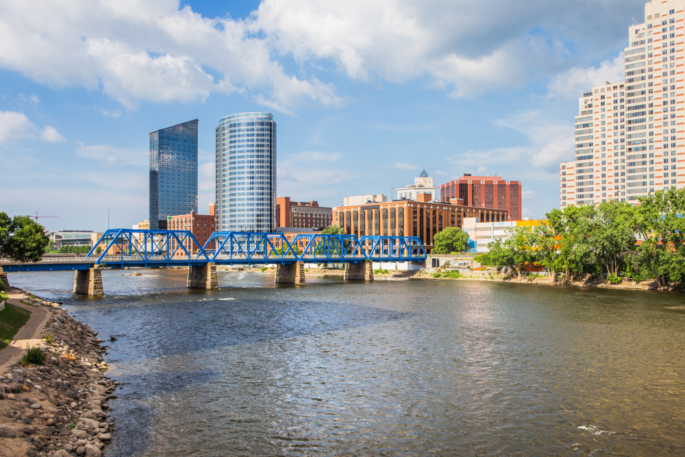 View of the Grand Rapids skyline over the river.