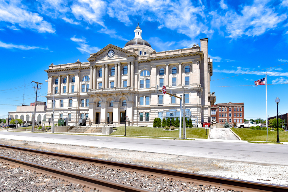 A courthouse next to a railroad in Huntington.