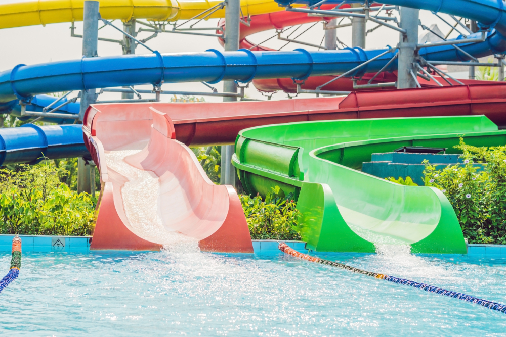 Colorful waterslides at a waterpark.