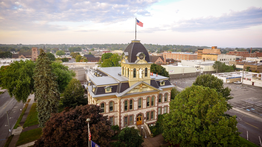 Aerial view of a historic building in Sault Ste. Marie.