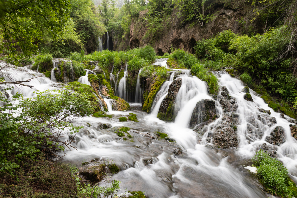 One of the waterfalls at Spearfish Canyon State Park. It is a multi-cascading waterfall with moss, grass, and ferns growing on the stones. You can also see trees on the top of the larger rock formations. 