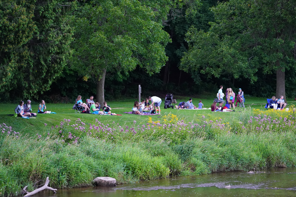 people sitting on the grass enjoying picnic