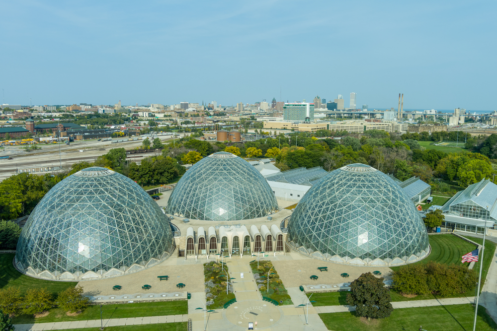 Three domes made of glass in among foliage
