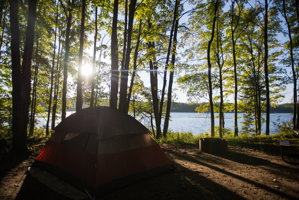 A tent at a campsite on the edge of a large lake. You can see trees around the campsite and through the trees you can see a large lake. 