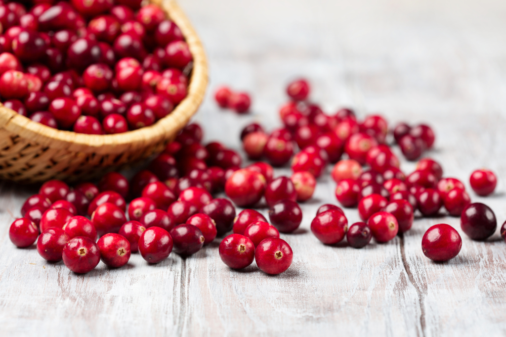 Closeup of a basket of cranberries spilling onto a wooden surface.