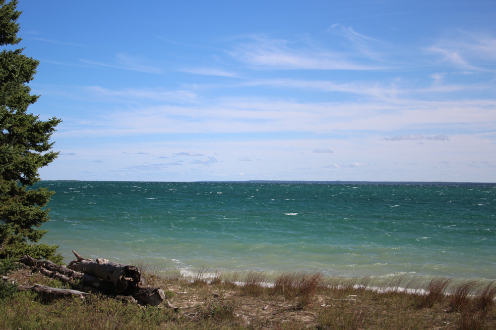 Shoreline of Bois Blanc Island with the lake stretching to the horizon.