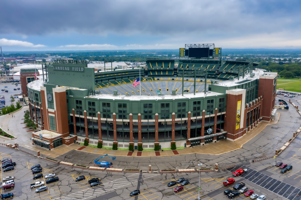 Aerial view of Lambeau Field in Green Bay on a cloudy day.