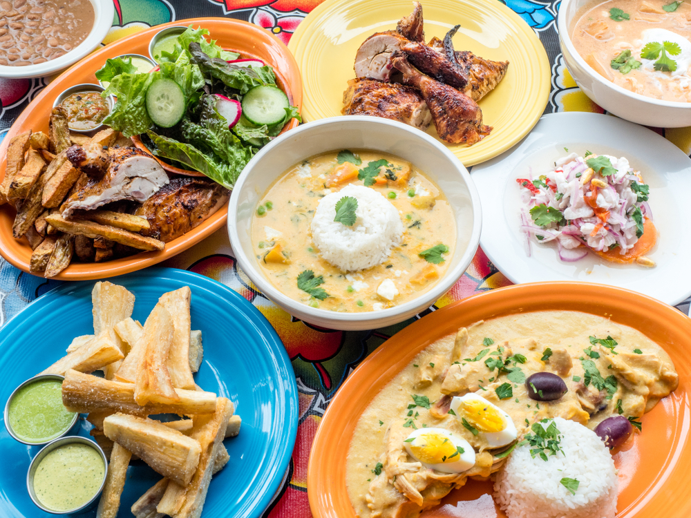 A table full of Peruvian food on a table