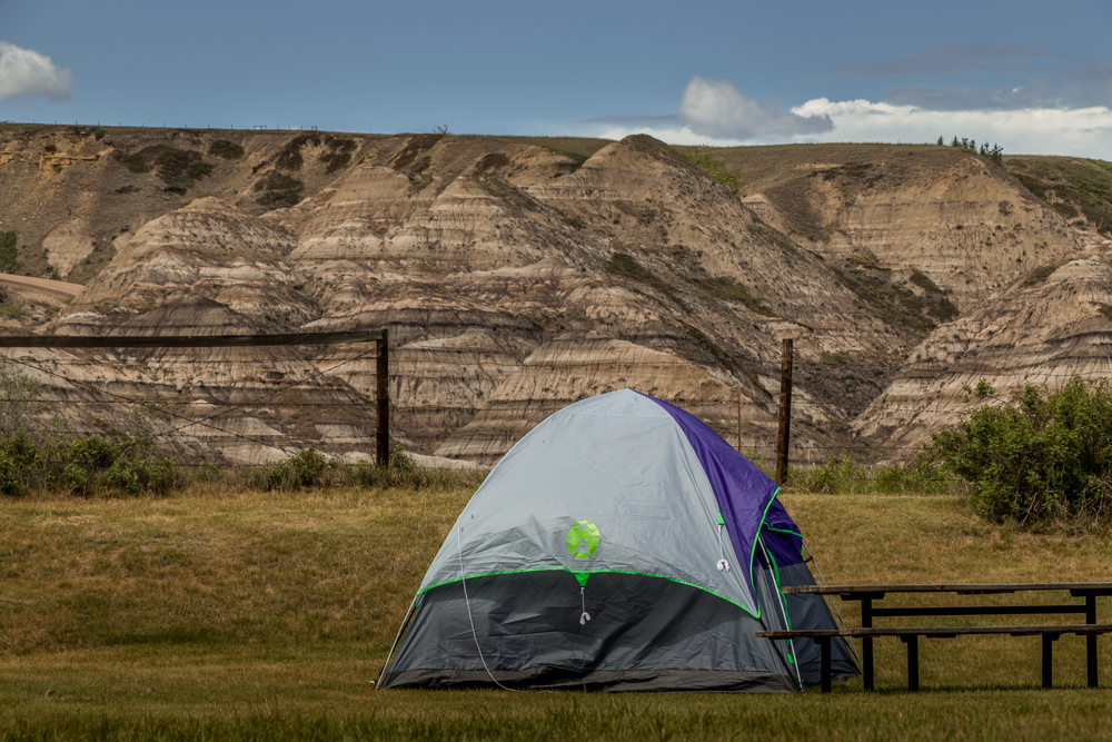 A tent in a grassy field with a picnic table next to it. It is facing a great view of the some of the formations in the Black Hills. 