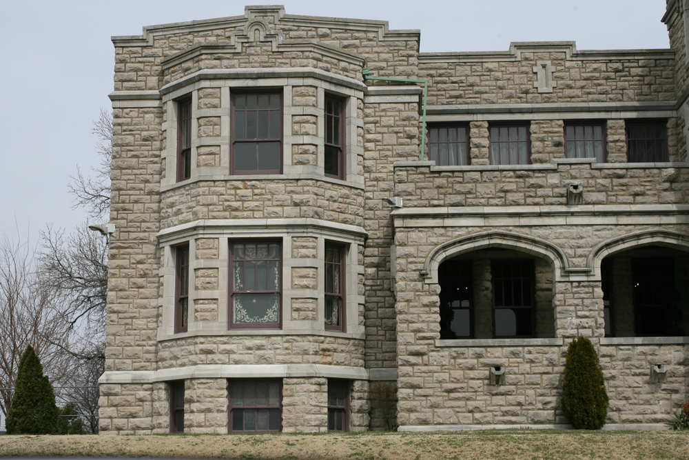 The outside of Pythian Castle a stone mansion