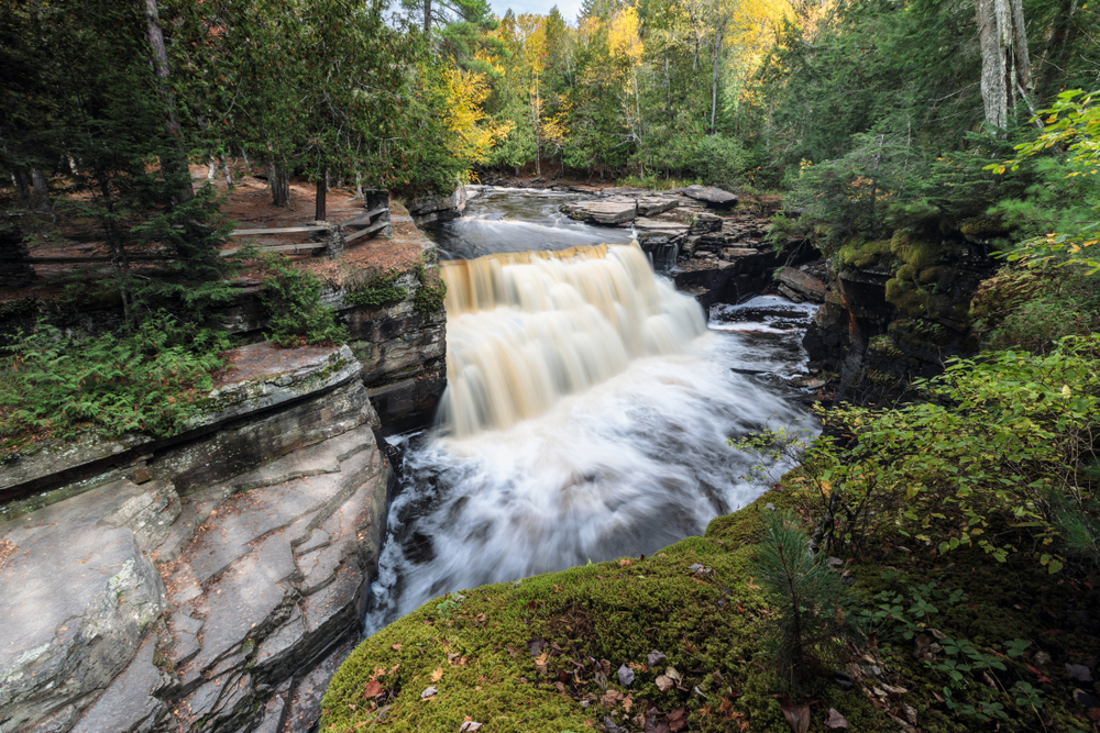 Sturgeon Falls flowing into a rocky gorge.