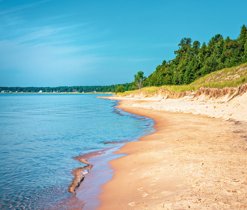 Sandy Beach coastline of Lake Michigan from Whitefish Dunes State Park in Door County Wisconsin. One os the beaches in Door County 