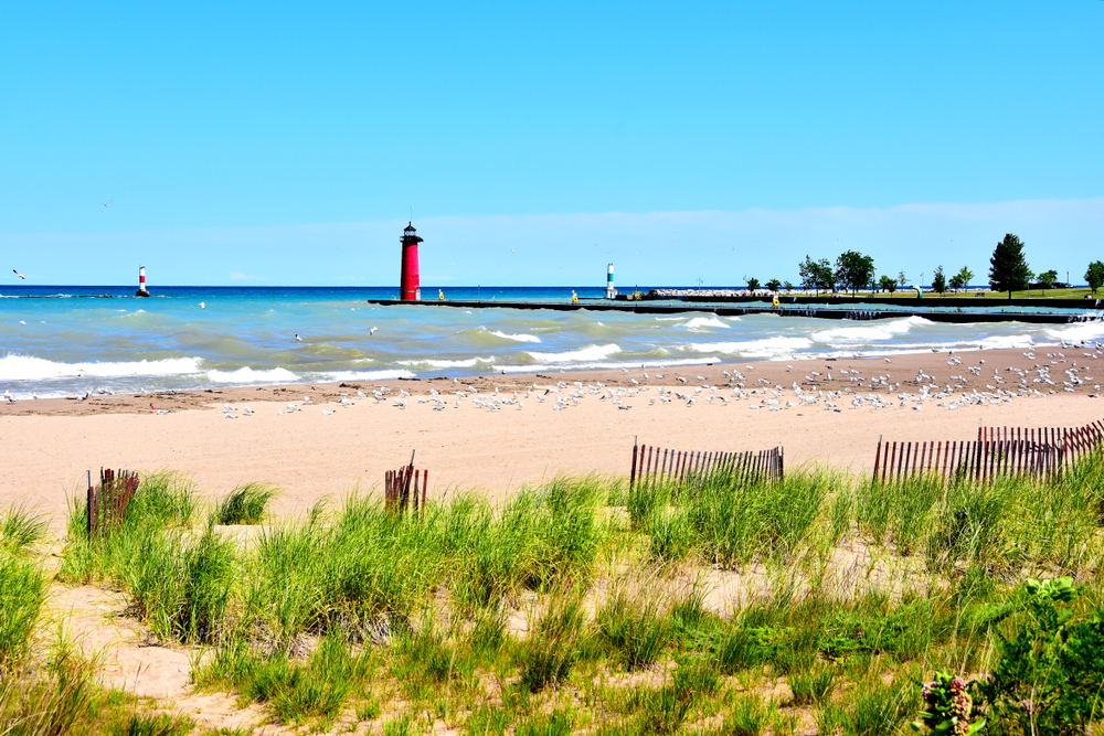 A red lighthouse seen across the beach with grass in the foreground