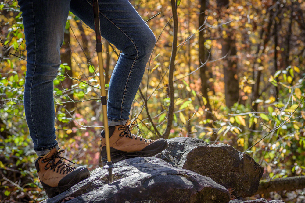 Women standing on a rock with hiking boots in a forest in an article about hiking in Wisconsin  