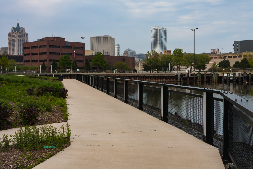 The Hank Aaron State Trail running through the city of Milwaukee.  