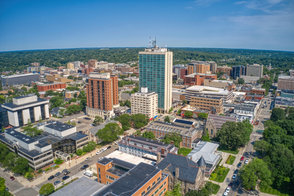 Aerial view of city with lots of buildings things to do in Ann Arbor