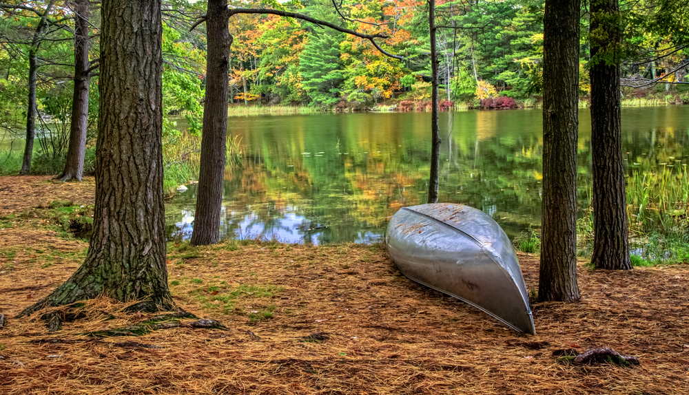 A silver canoe flipped over on the shore of a lake. You can see trees all around the lake, some of the changing color for fall. 