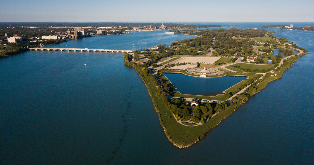 Aerial view of Belle Isle featuring the bridge, walking paths, and more.