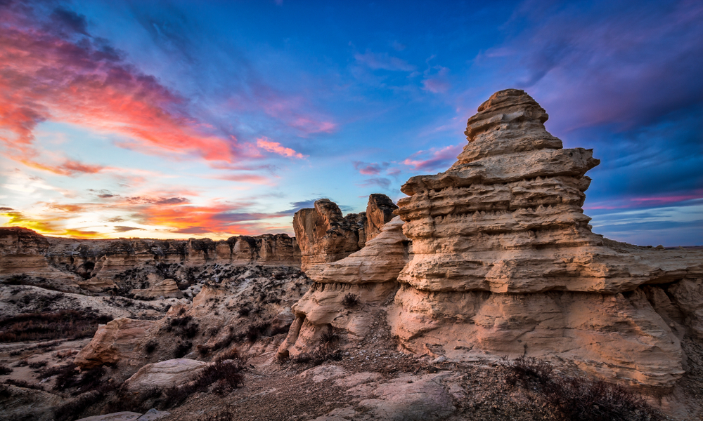 Cool rock formations and canyons during a dynamic sunset.