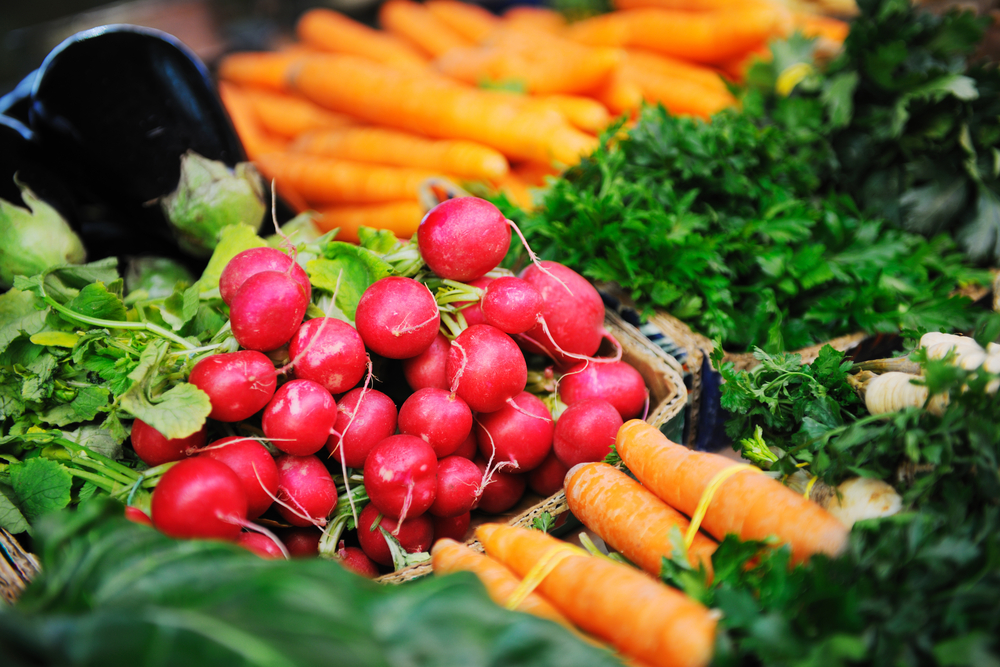 Radishes, carrots, and leafy greens at the South Bend Farmers' Market.