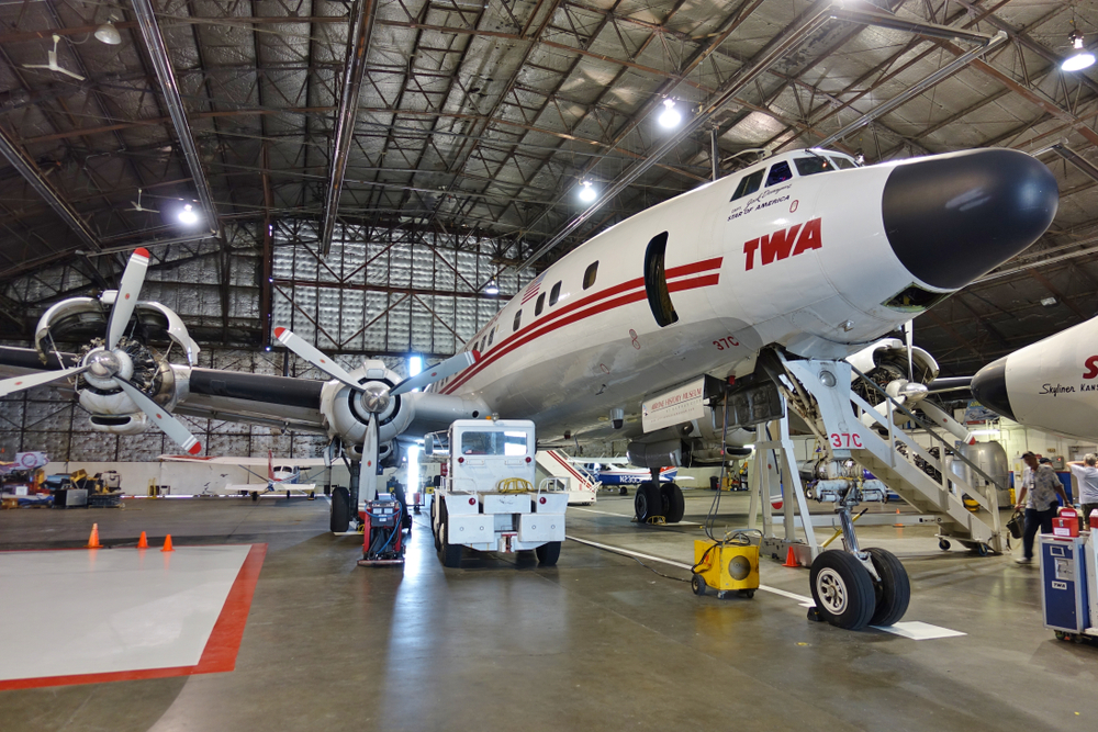 A big TWA plane in the hangar of the National Airline History Museum, one of the coolest museums in Kansas City.
