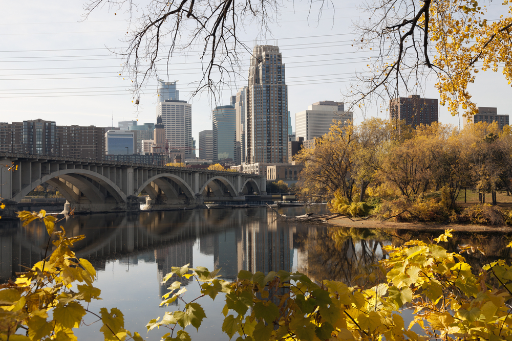 View between branches towards Nicollet Island, a bridge, and the Minneapolis skyline.