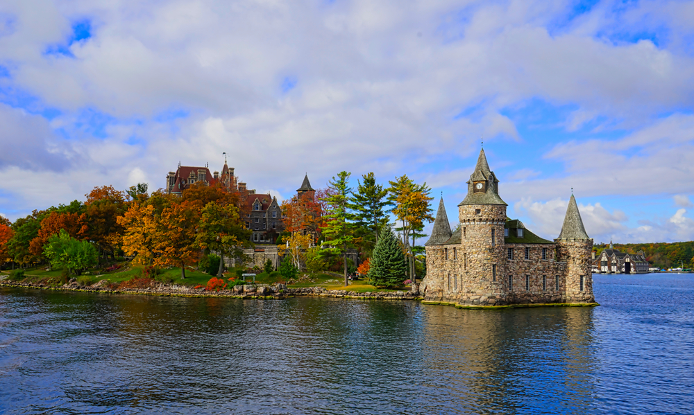 Historic Boldt Castle on the point of a fall colored island in the Thousand Islands region, where there are some of the best islands in the Great Lakes.