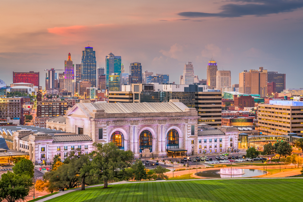 Sunset over downtown Kansas City with Union Station in the front, where you can find some museums in Kansas City.