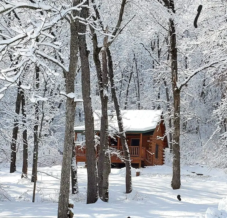 Log Cabin in the snow seen through the trees 