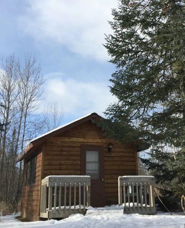 small log cabin in the show with trees behind. 