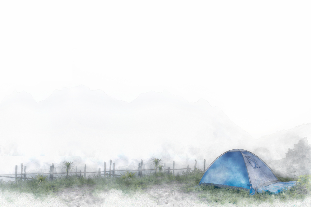 A blue tent in a field surrounded by dense fog. Minnesota camping