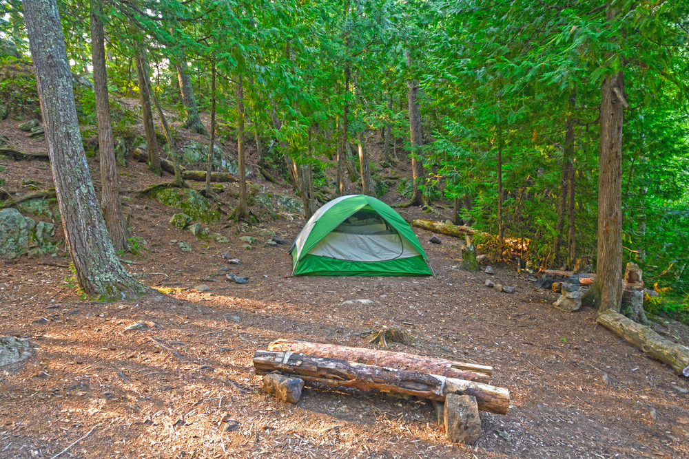 A green tent in a private and primitive campsite on the side of a hill with boulders surrounded by trees. Camping in Minnesota