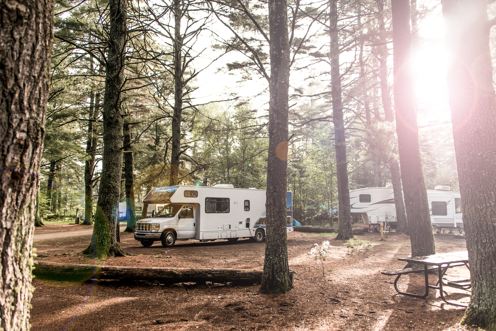 A group of smaller RVs at a wooded campsite. Its similar to some of the best places for camping in Minnesota. 