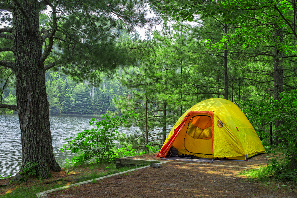 A bright yellow tent on a campsite that is right on the side of a lake. It's similar to other places to go camping in Minnesota.