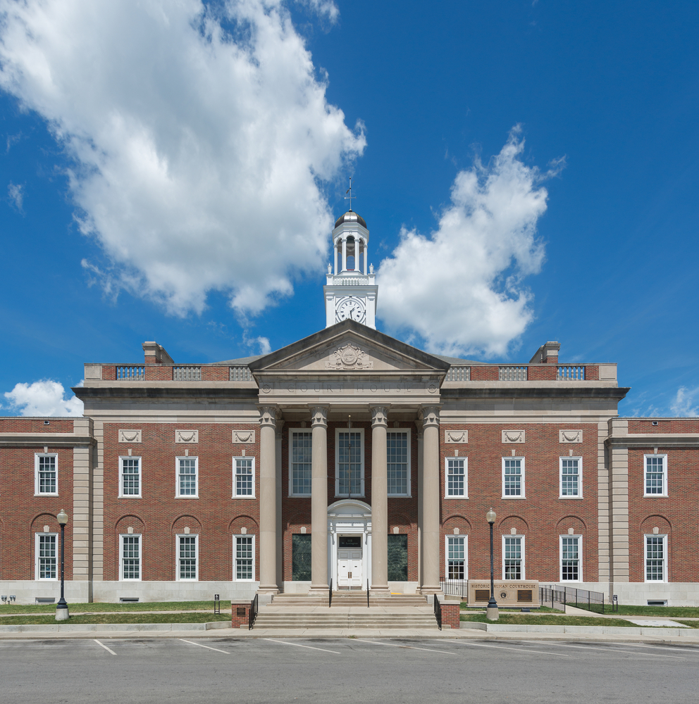 The front of the Truman Courthouse where many westward historic trails began.