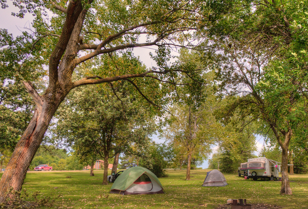 A large campsite with multiple tents, an RV, and lots of trees scattered in a grassy field. 