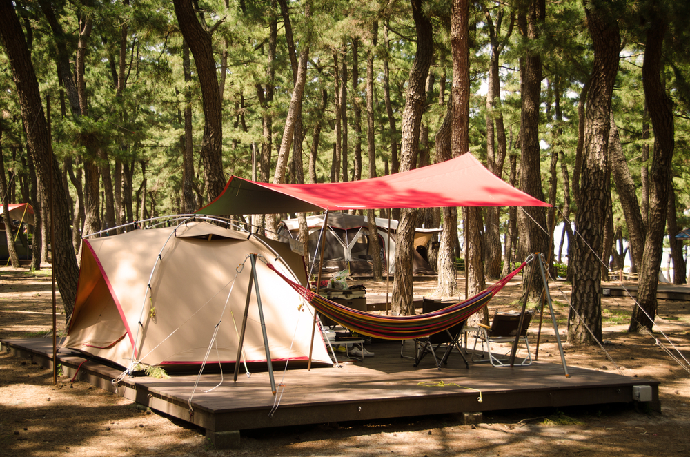 A tent on a platform in the woods with another open air tent with a hammock under it. 