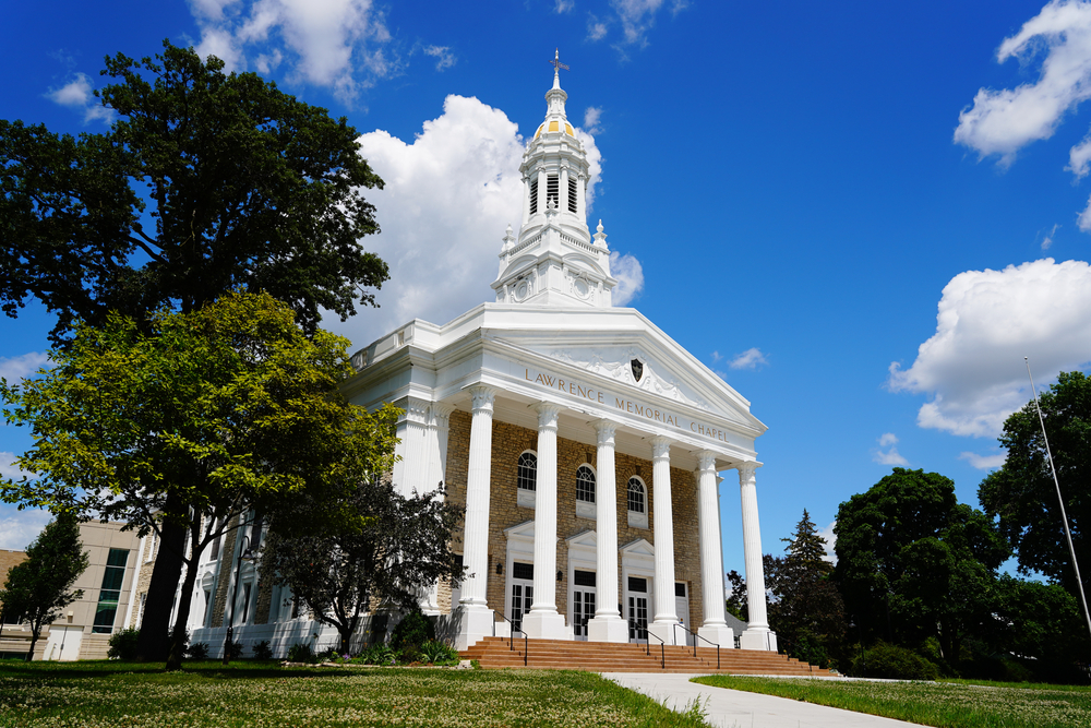 A large white columed building in Appleton in an article about romantic getaways in Wisconsin. 