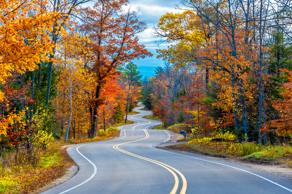 A windy road in Wisconsin with fall trees along the side of the road. 