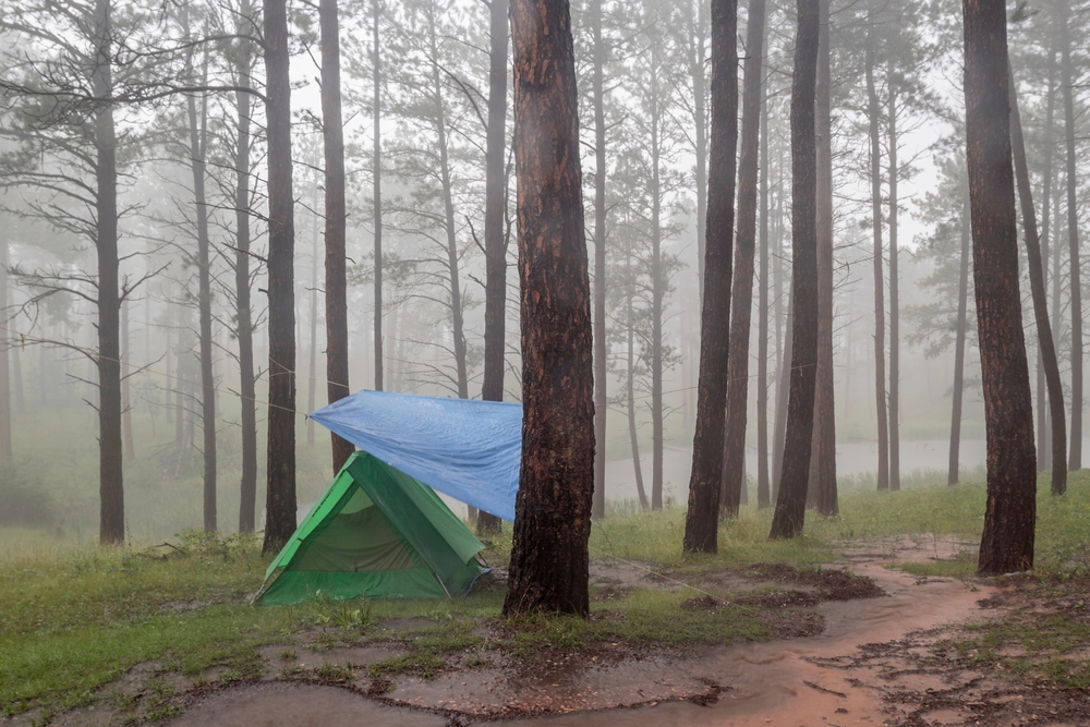 A green tent with a tarp hanging over it in the woods. It is foggy and you can see puddles around the tent. 