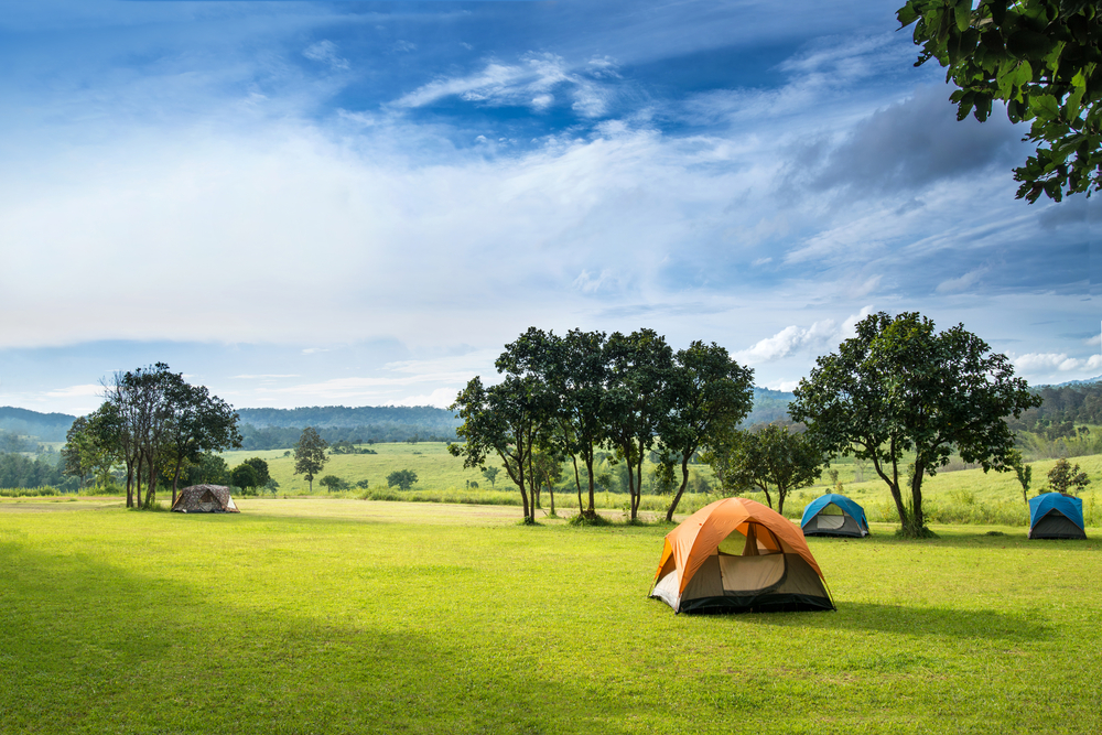 A field with rolling hills that has tents scattered throughout it. 