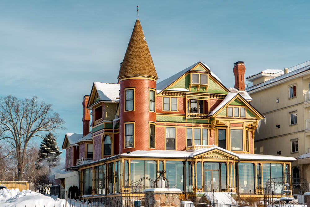 The baker house which is an ornate mansion property dating from 1885. It's brown and green. 