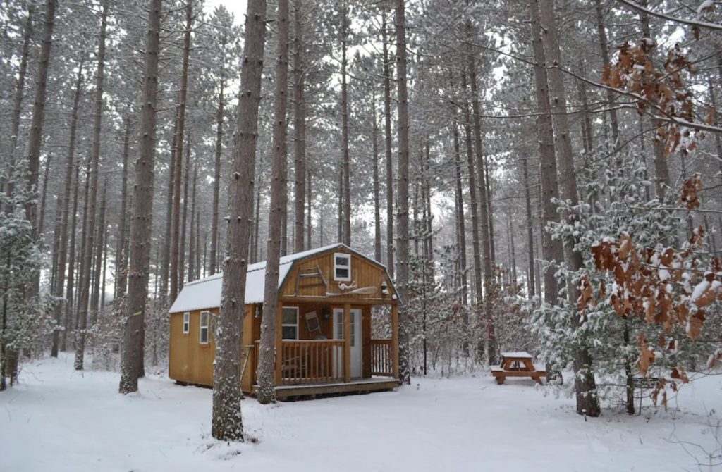 A tiny house that resembles a log cabin in the middle of the woods during winter. There is snow covering the ground, trees, and tiny house. 