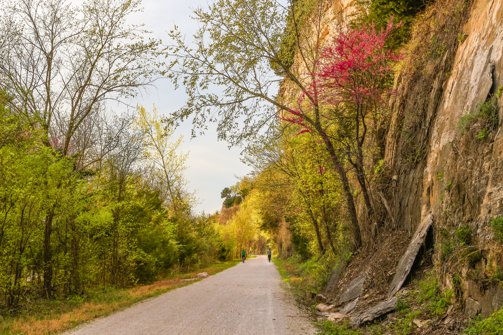 A large paved walkway with one person walking and another cycling with high rock walls covered in foilage. 