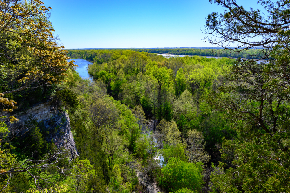 View from the cliffs on the Lewis and Clark Trail in Missouri in an article about hiking in Missouri