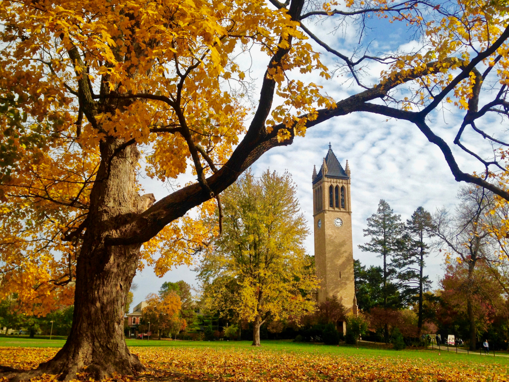 Clock tower surrounded by fall trees towns in iowa