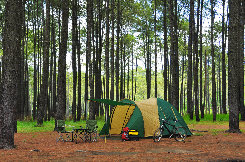 A green and yellow tent with chairs and a bike in the woods, similar to camping in the UP