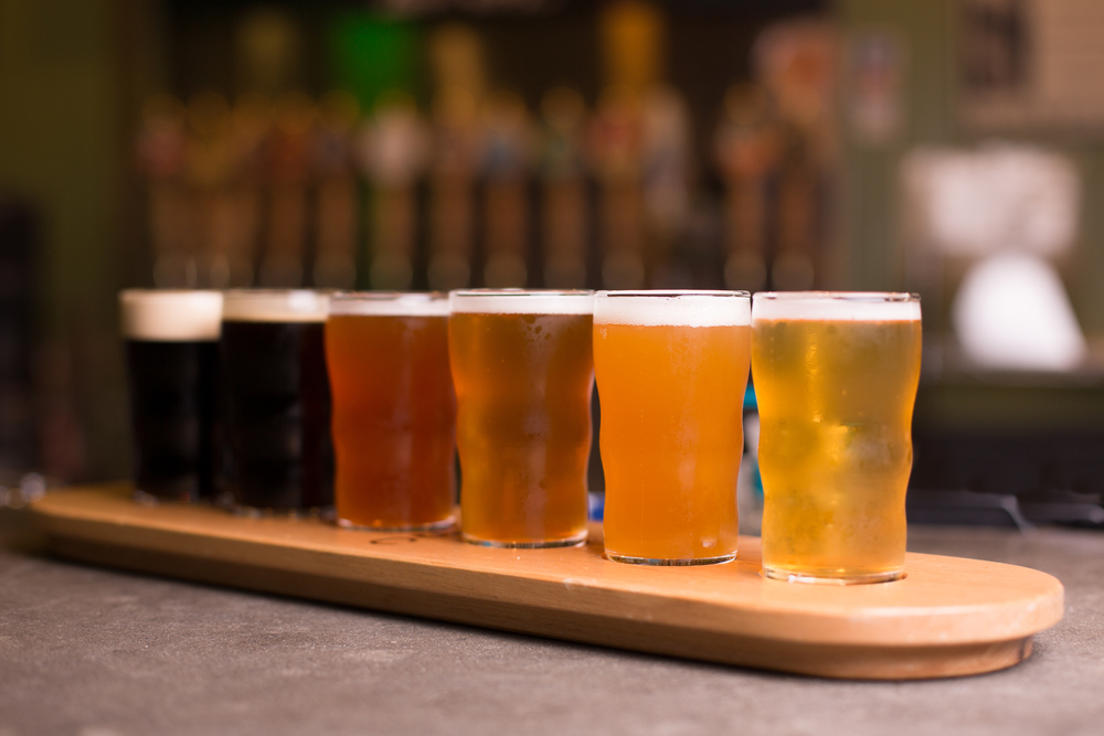 A flight of chilled  beers, ranging from light to dark. 